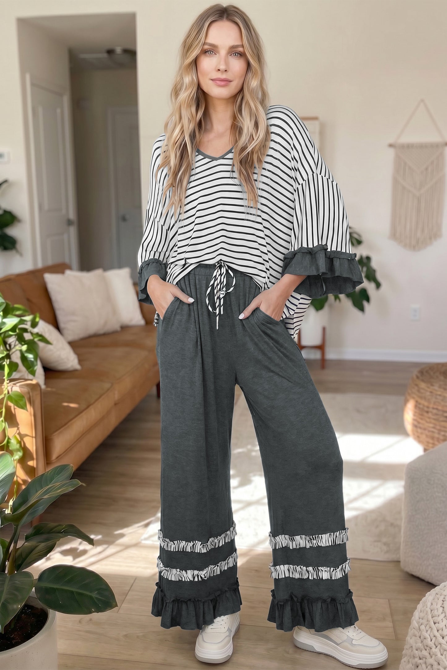 Khaki Stripe V Neck Ruffle Contrast Sleeve Top Drawstring Pants 2pcs Set
