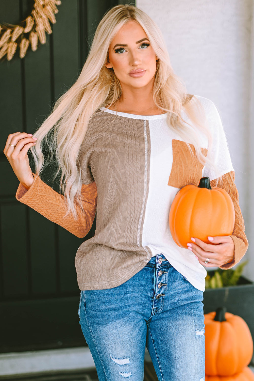 Orange Long Sleeve Colorblock Chest Pocket Textured Knit Top