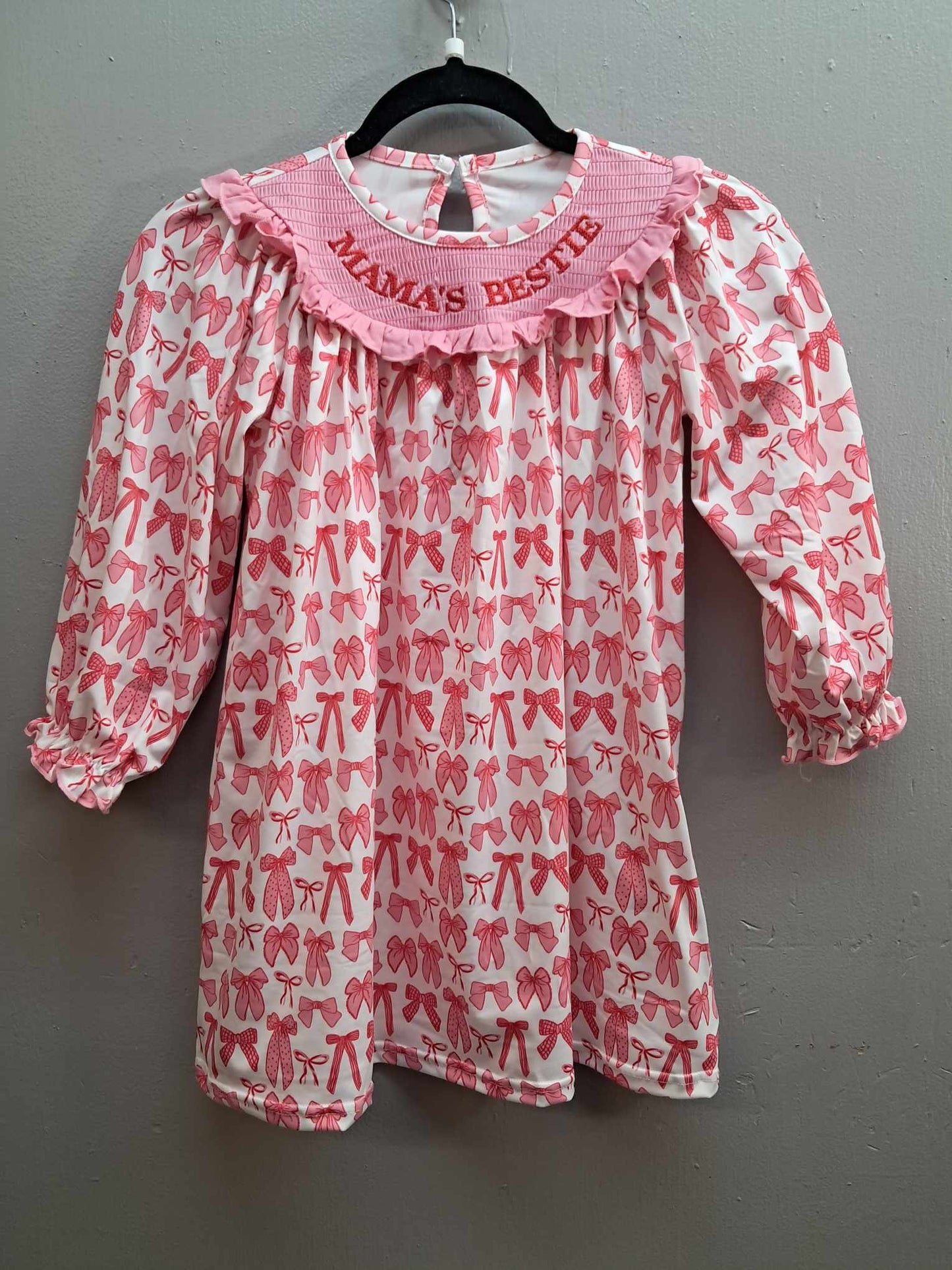 Mama's Bestie Smocked bow pink long Sleeve Dress