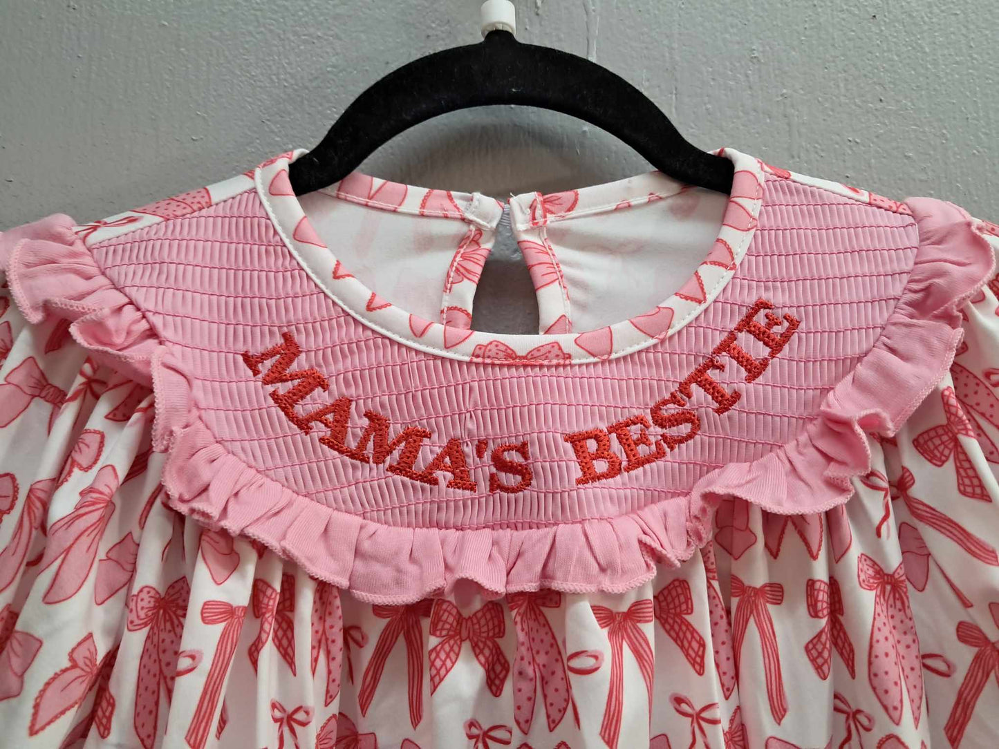 Mama's Bestie Smocked bow pink long Sleeve Dress