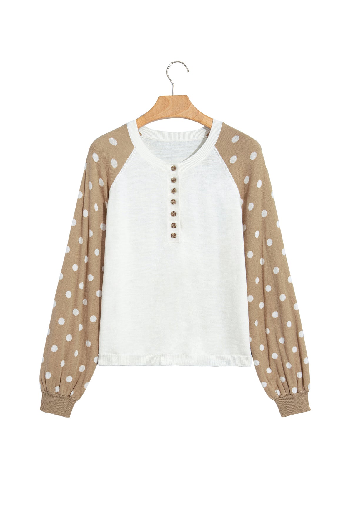Khaki Polka Dot Contrast Long Sleeve Button V Neck Sweater