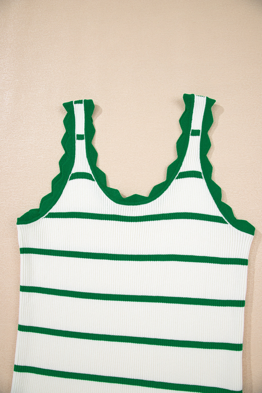 Bright Green Striped Scalloped Edge U Neck Sleeveless Sweater Tank