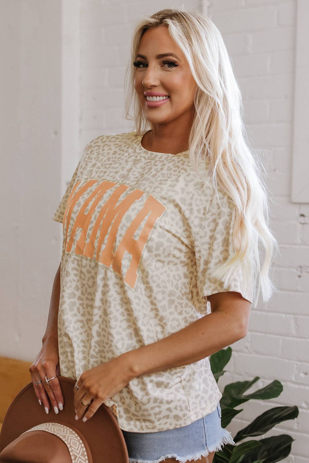 Yellow MAMA Letter Graphic Leopard Loose Tee Shirt