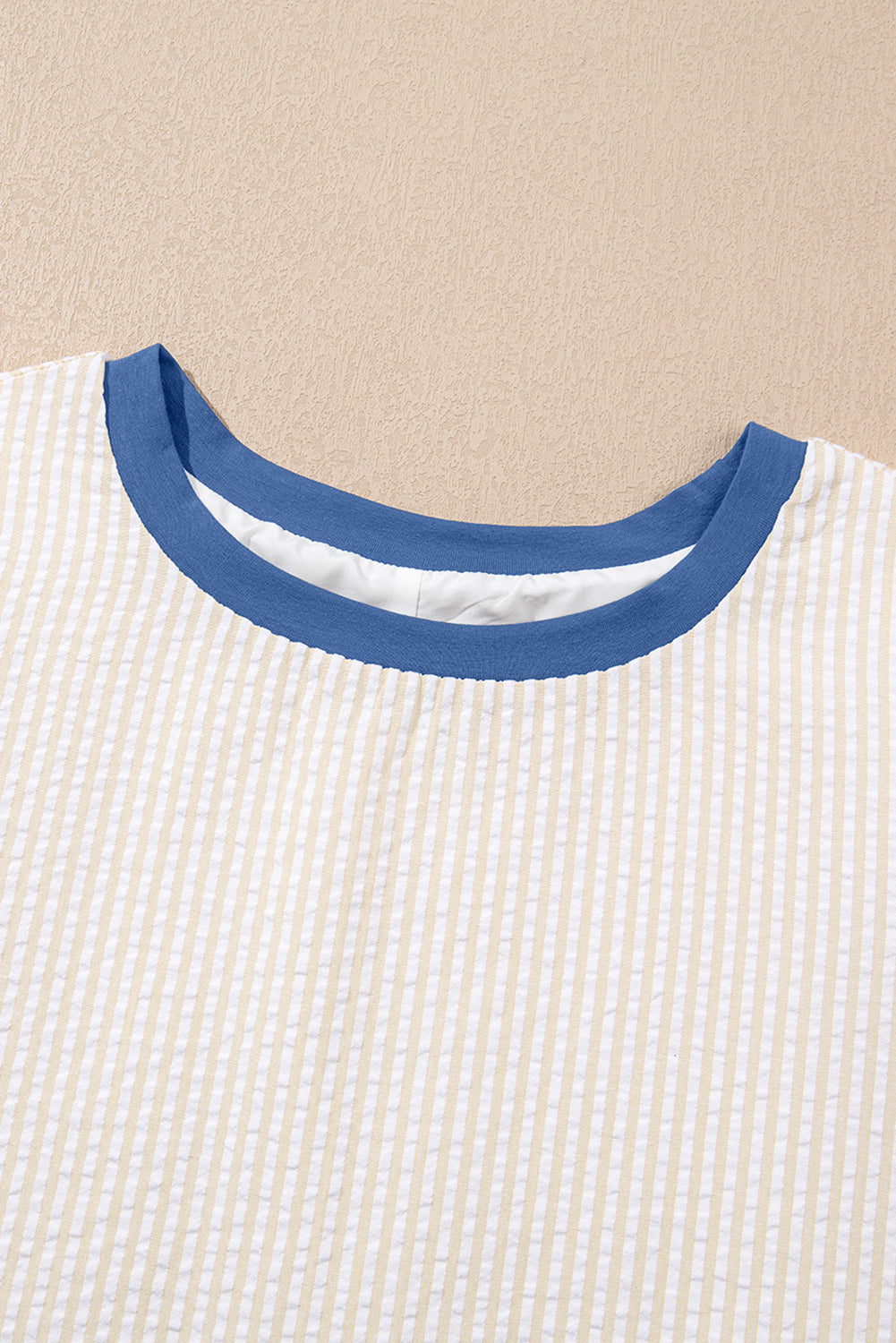 Beige Stripe Seersucker Contrast Round Neck Puff Sleeve Dress