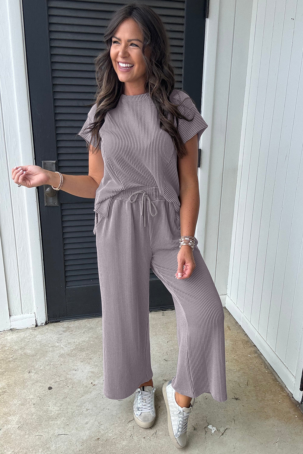 Wild Wind Solid Corded Knit Short Sleeve Top and Wide Leg Pants Set