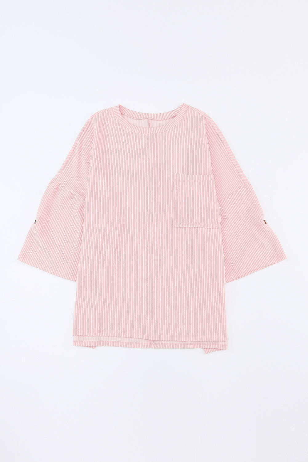 Pink Ribbed Roll-tab Sleeve Chest Pocket Oversize Top