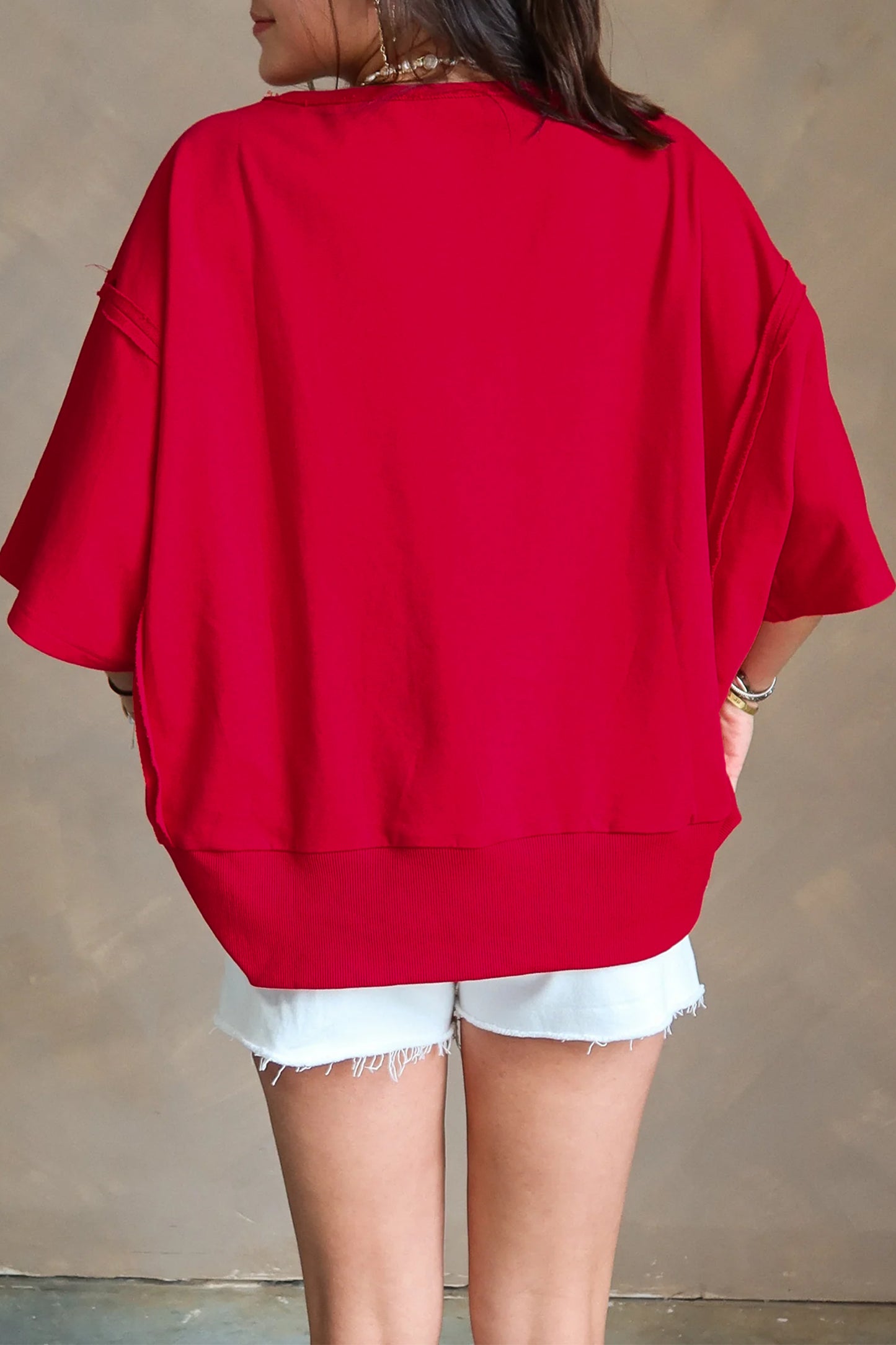 Lavendar Lane Clothing Racing Red Georgia letter printed raw seam drop shoulder loose blouse, casual and stylish.