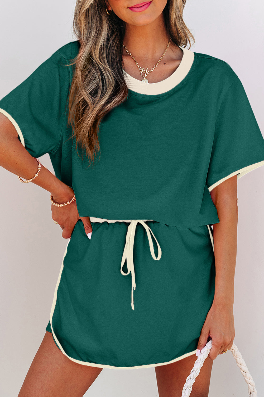 Evergreen Colorblock Edge Drop Shoulder Top and Skort-2Pcs Set