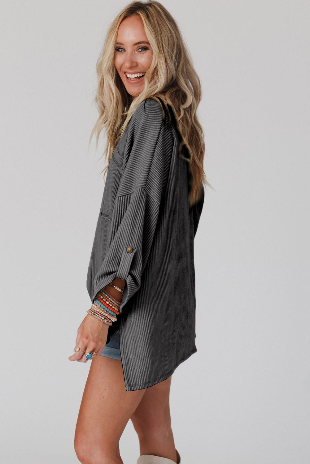 Dark Gray Ribbed Roll-tab Sleeve Chest Pocket Oversize Top