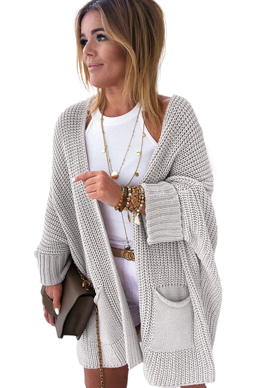 Gray Oversized Fold Over Sleeve Sweater Cardigan