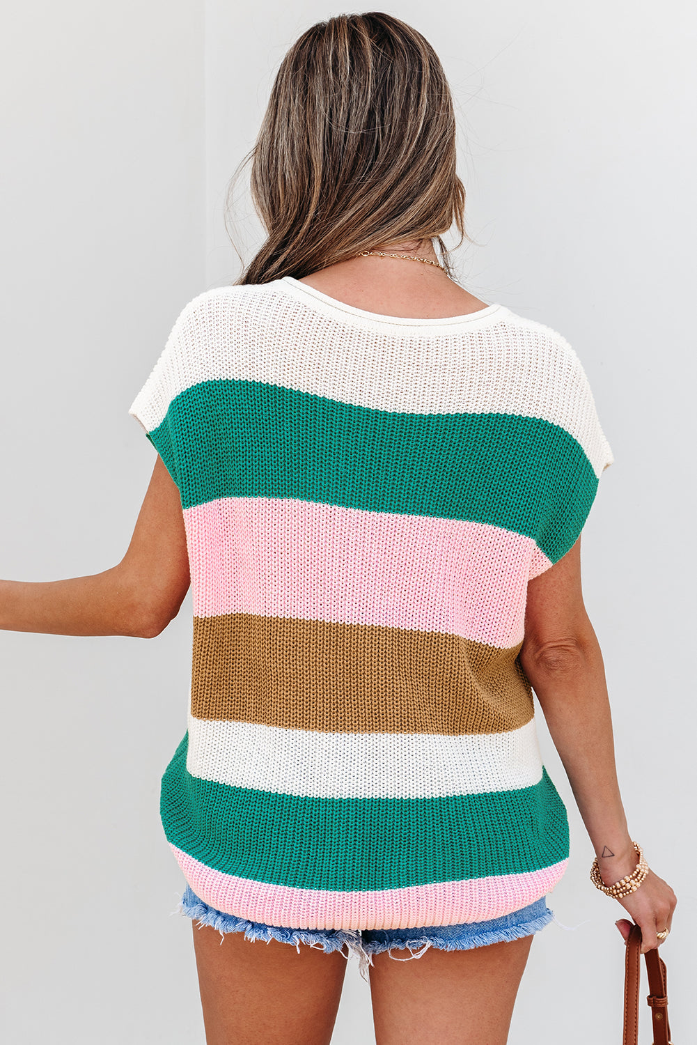 Multicolor Color Block Notch V Neck Sweater