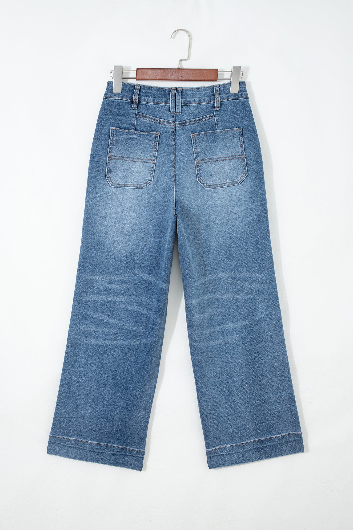 Lavendar Lane Clothing Sail Blue straight jeans with exposed stitching, showcasing classic denim style and modern fit.