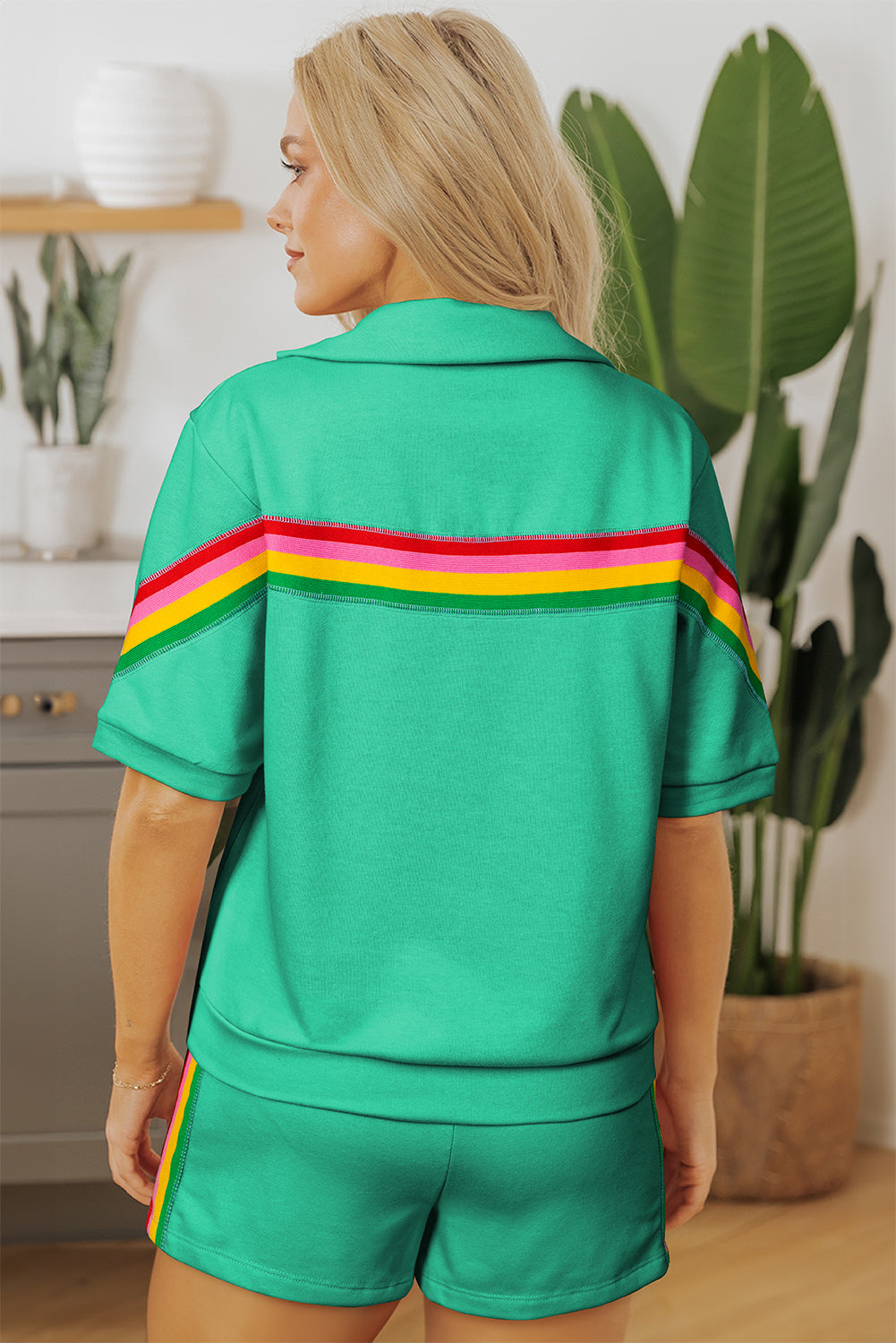 Sea green rainbow colorblock collared short sleeve top and matching shorts set by Lavender Lane Clothing, stylish and comfortable for summer.