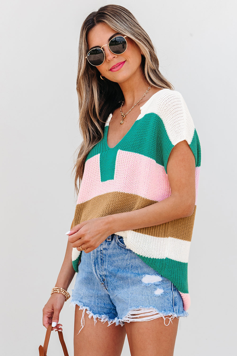 Multicolor Color Block Notch V Neck Sweater