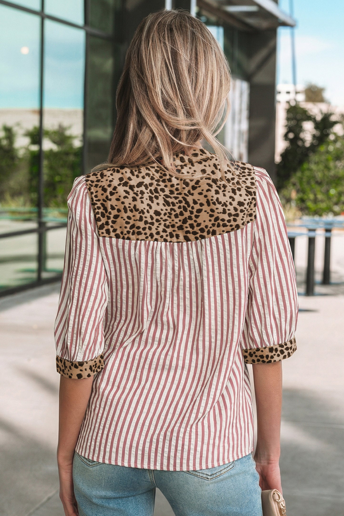 Lavendar Lane pink stripe leopard trim V-neck button-down blouse with half sleeves, stylish tops for casual or office wear.