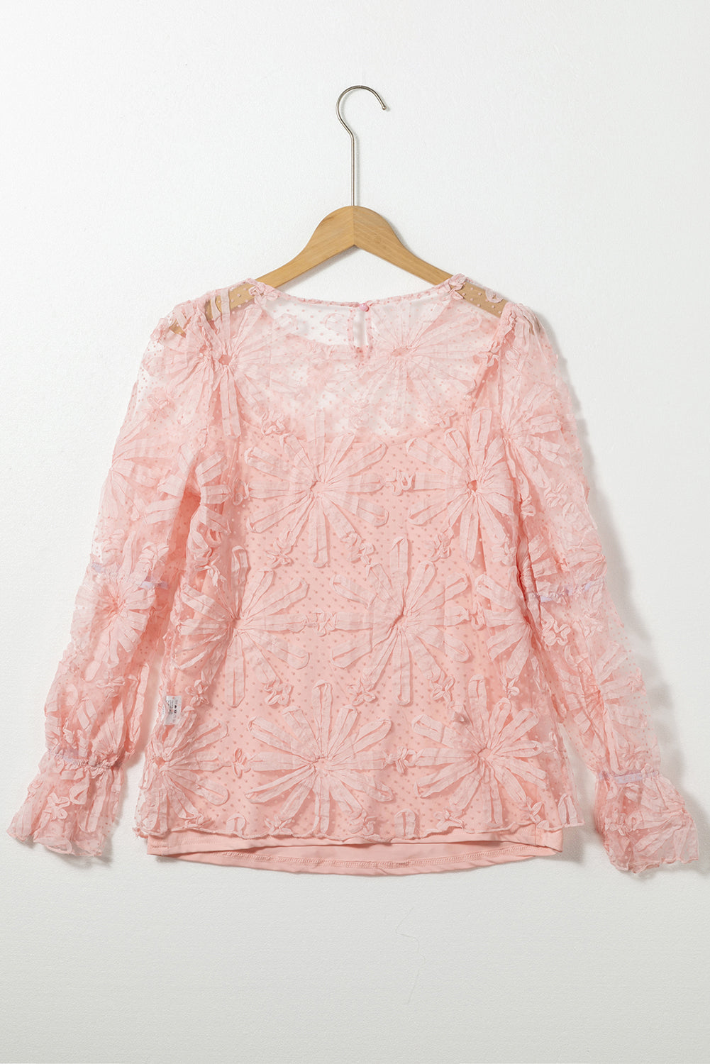 Pink Flower Dotted Ruffled Sleeve Mesh Top