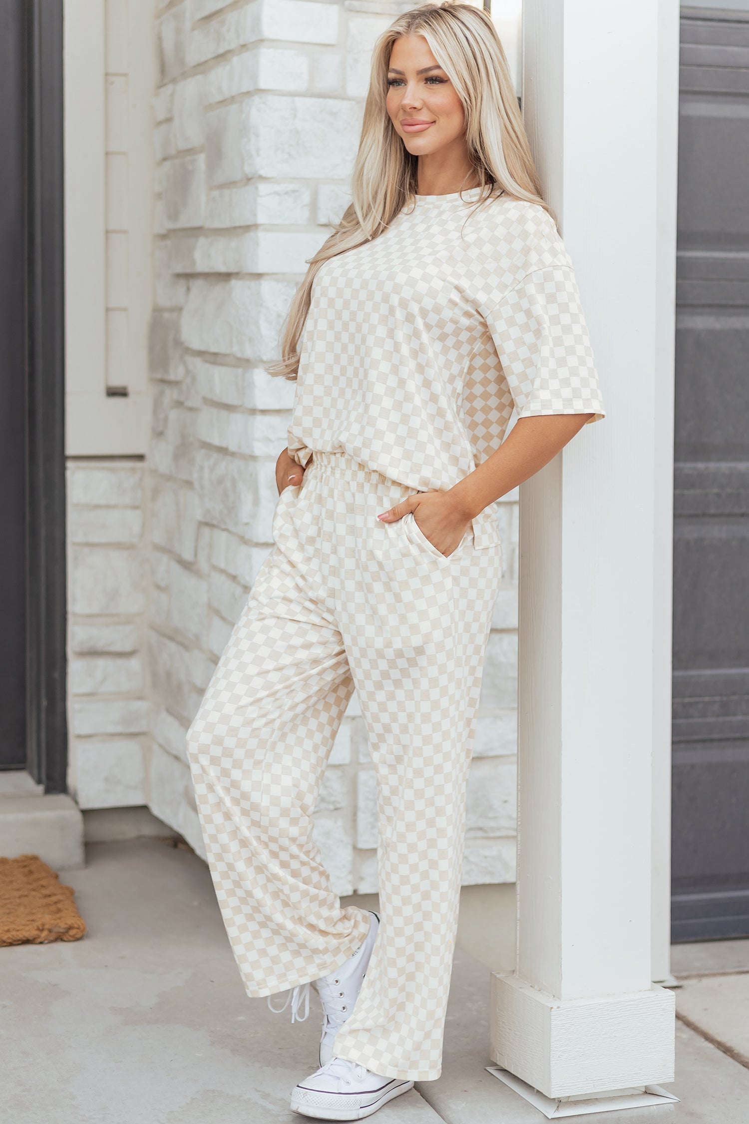 Lavendar Lane Clothing khaki checkered half sleeve tee and lounge pants set, comfortable loungewear for relaxing at home