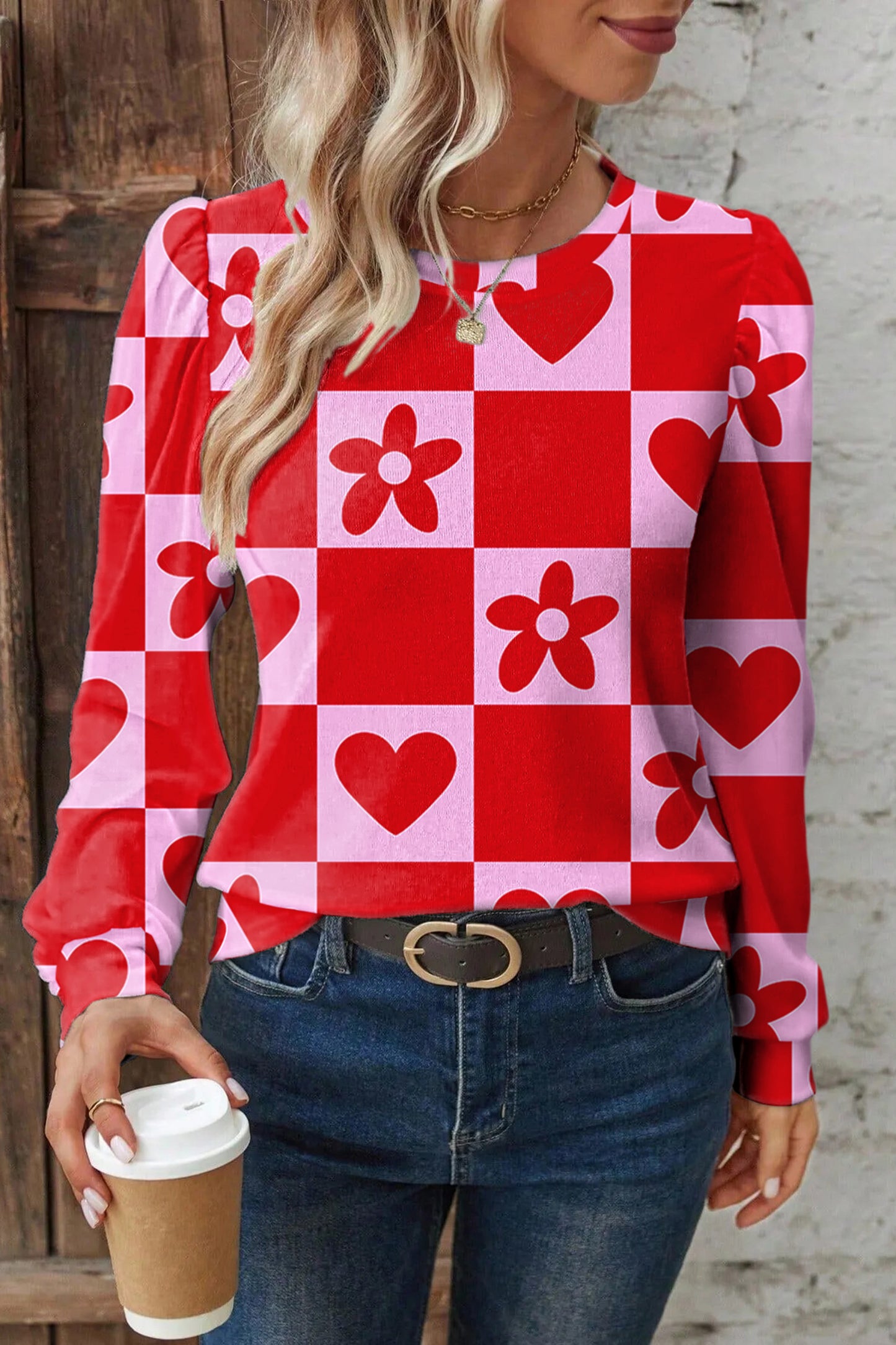 Red dotted heart patterned blouse from Lavender Lane Clothing, festive Valentine's tops, featuring a stylish and comfortable design.