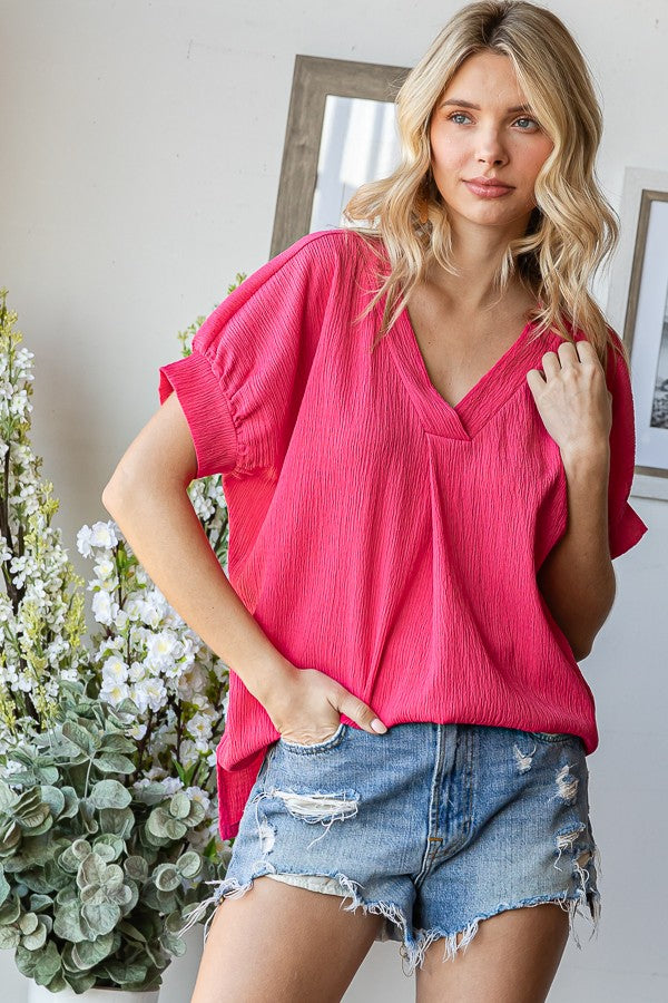 Solid Textured V Neck Short Sleeve Top-Variety Of Colors