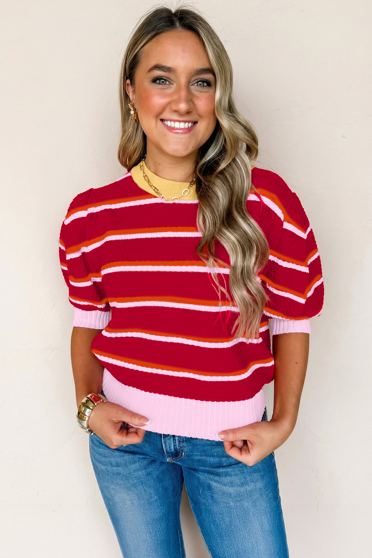 Lavendar Lane Clothing red colorblock trim half sleeve sweater top, short sleeve knit with stylish design, ideal for casual wear