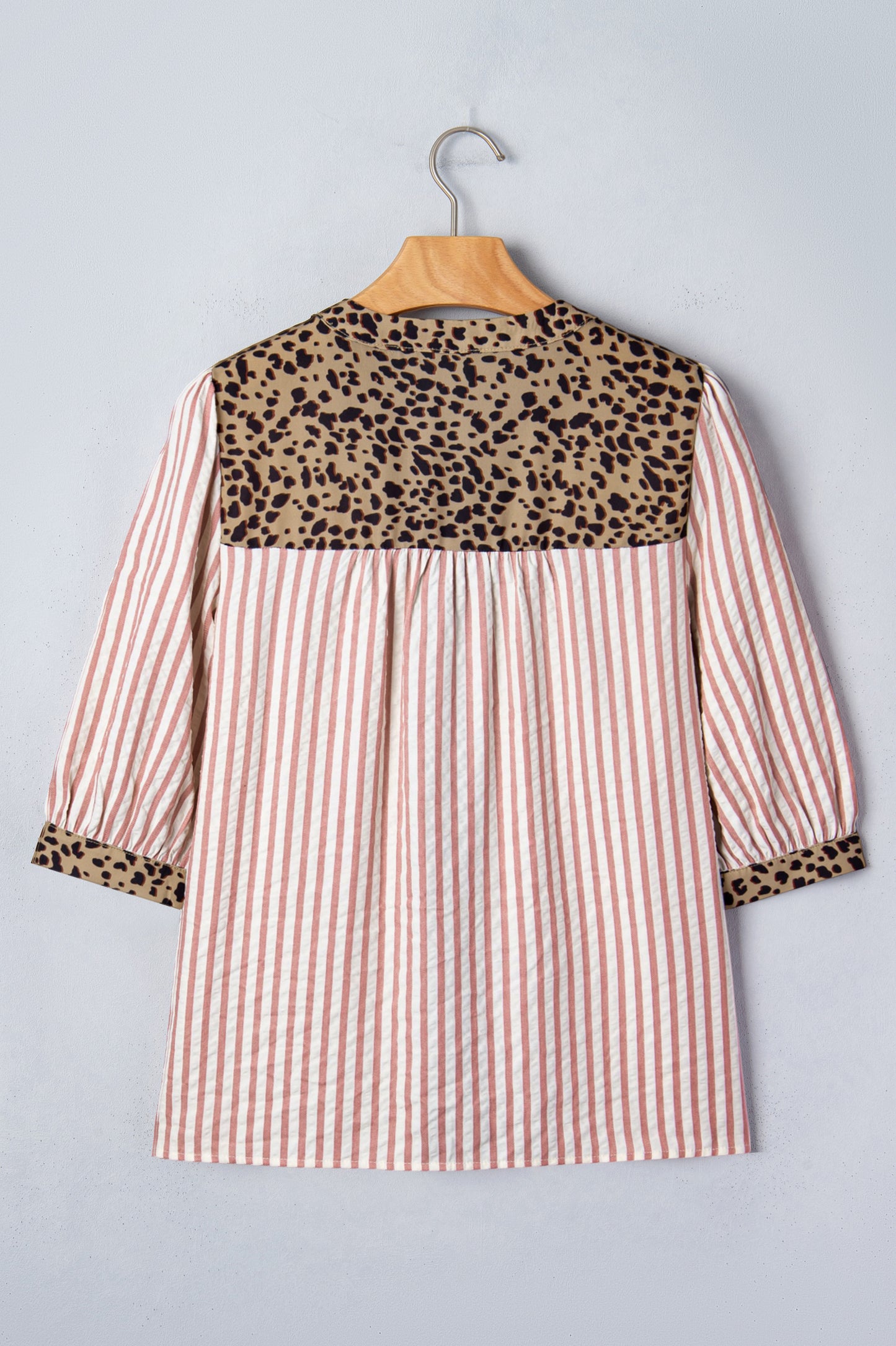 Lavendar Lane pink striped leopard trim V-neck button-down blouse with half sleeves, stylish and lightweight top for women.