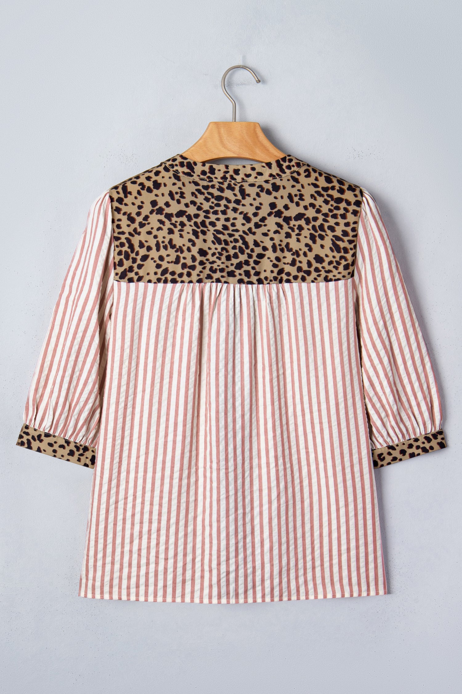 Lavendar Lane pink striped leopard trim V-neck button-down blouse with half sleeves, stylish and lightweight top for women.