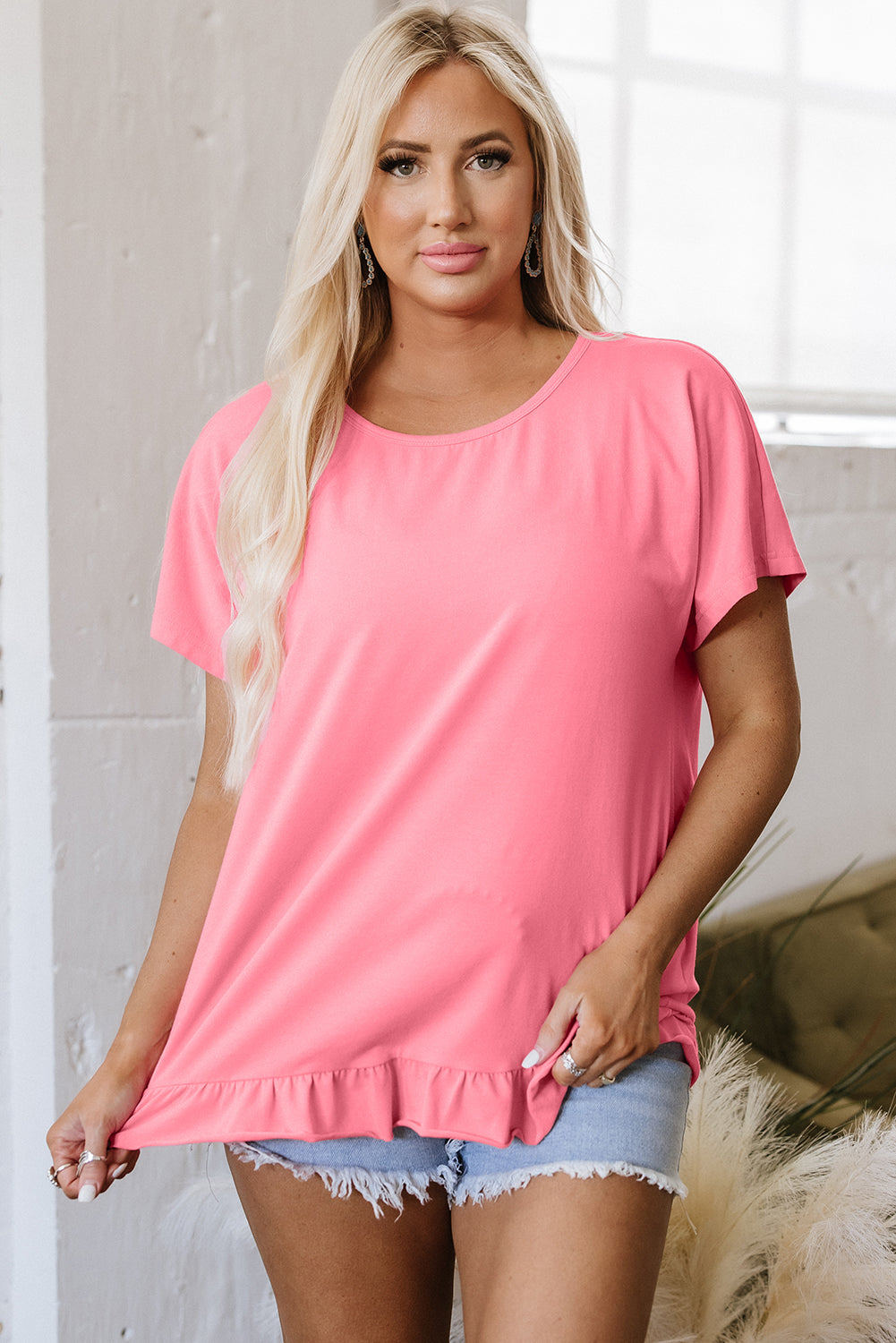 Pink Frilled Hem Loose Top