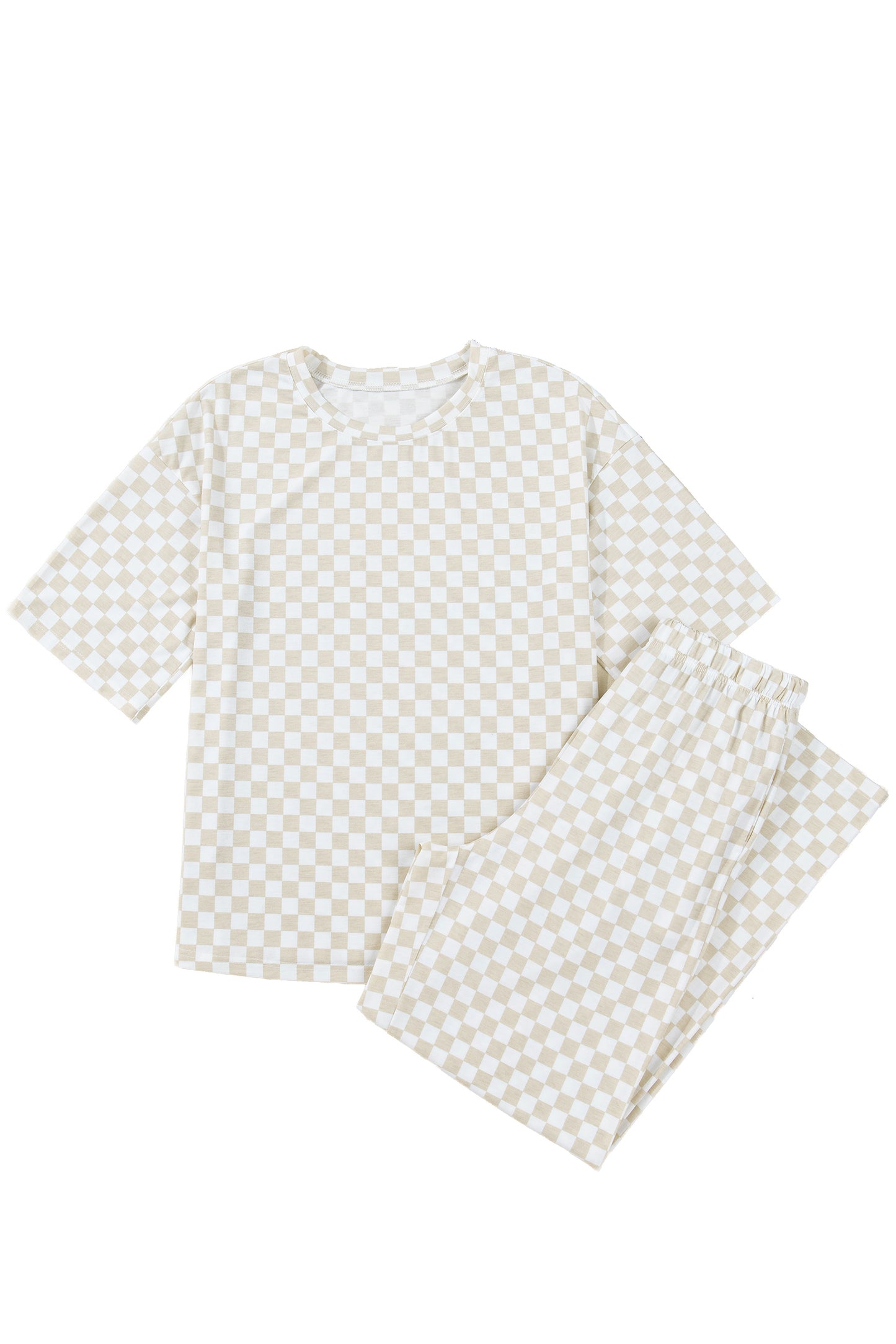Lavendar Lane Clothing khaki checkered print half sleeve tee and lounge pants set, comfortable loungewear, 2-piece sleepwear set.