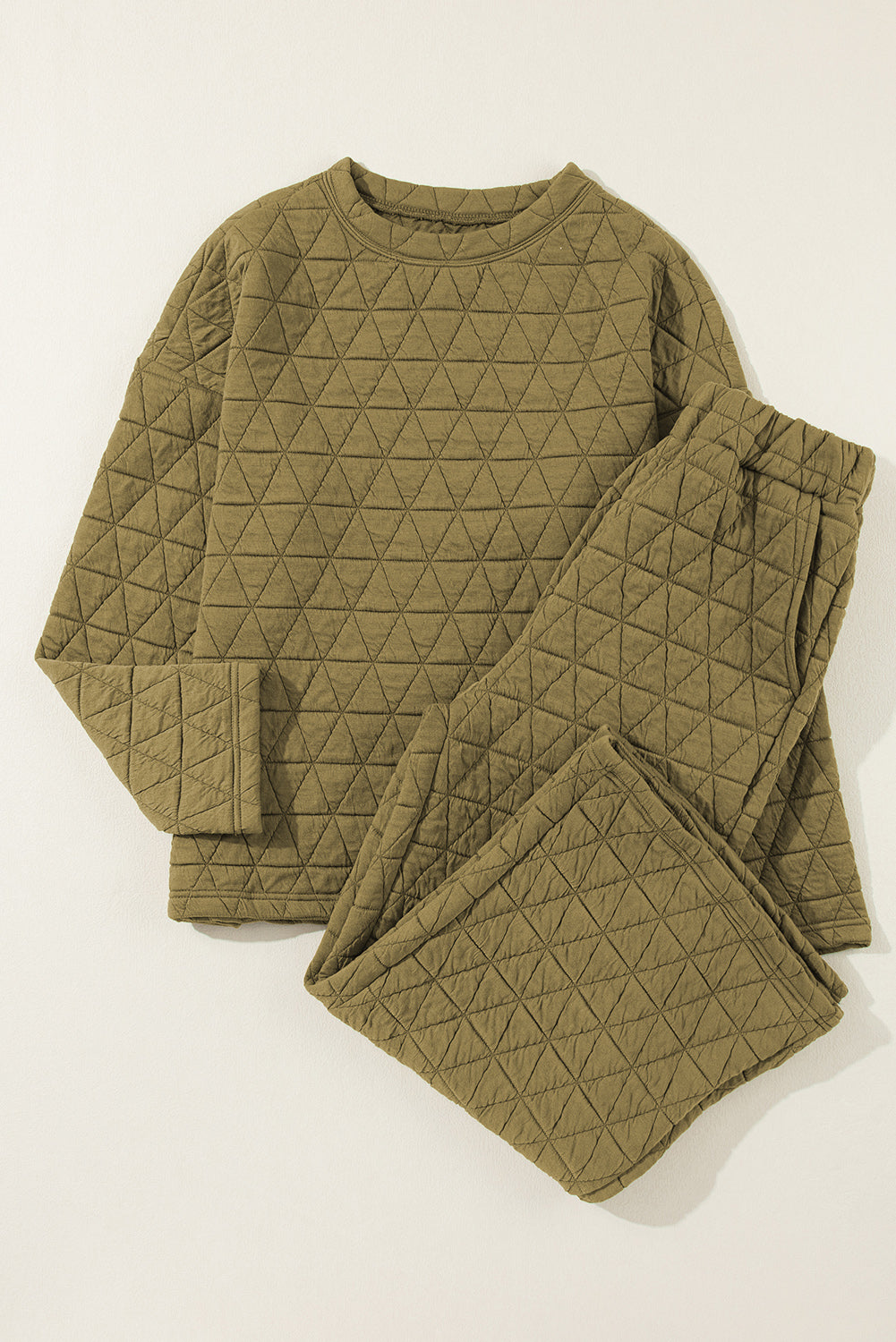 Sage Green Solid Quilted Pullover and Pants Outfit