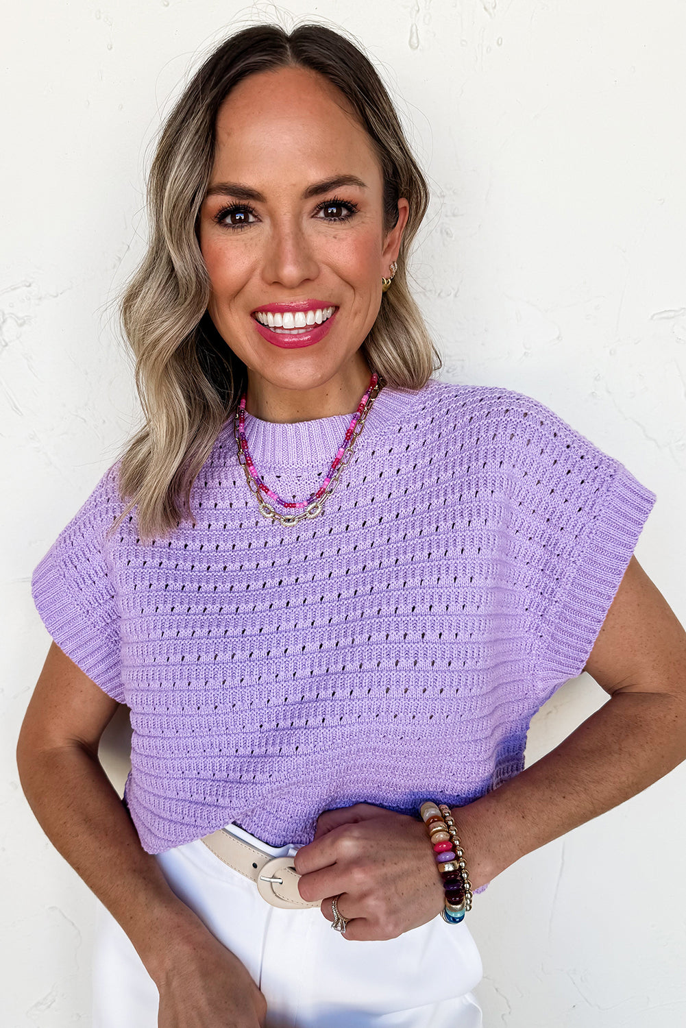 Lavender Pointelle knit Ribbed Trim Short Sleeve Sweater
