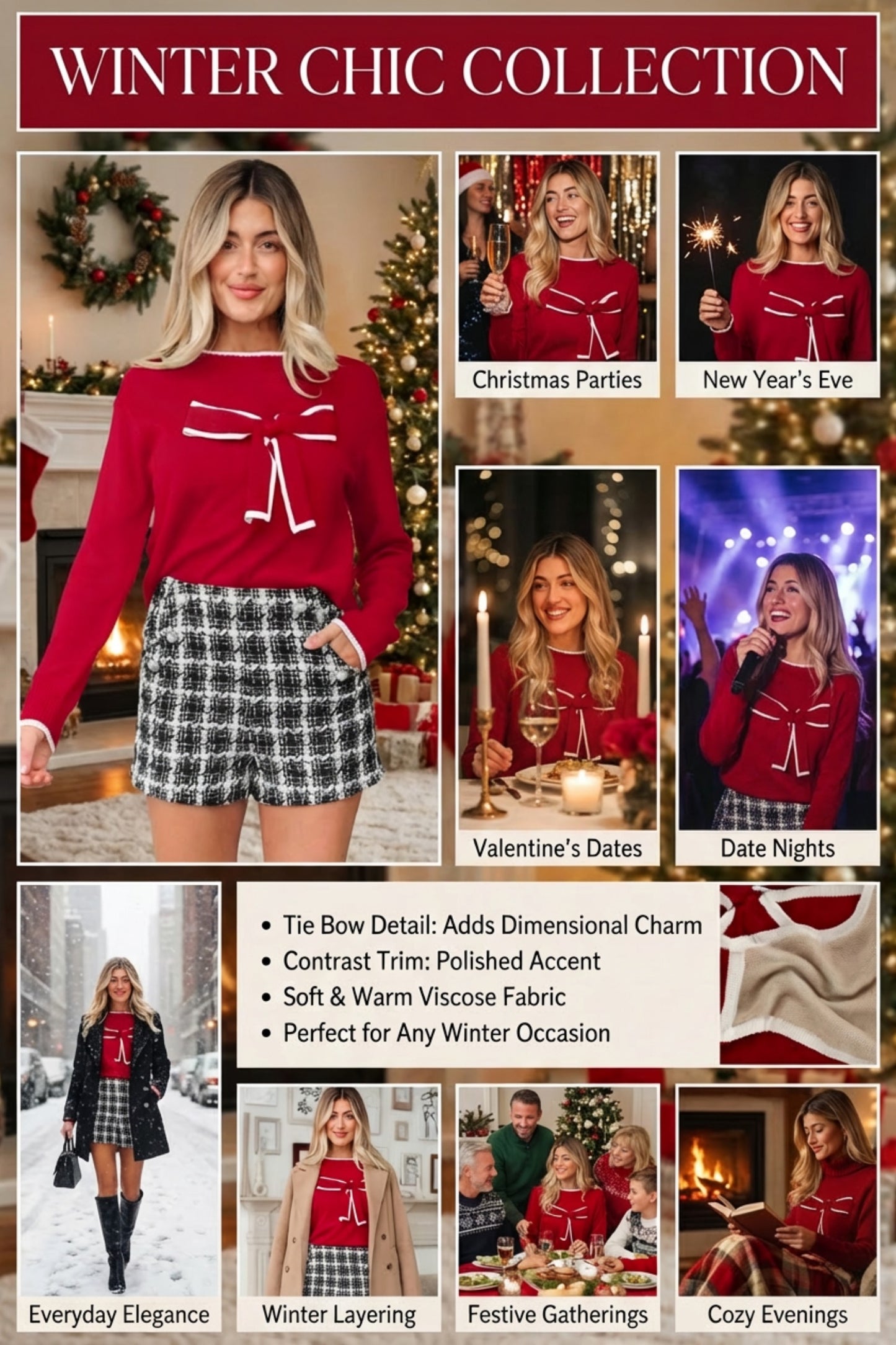 Fiery Red Contrast Trim Big Bow Accent Holiday Cropped Sweater
