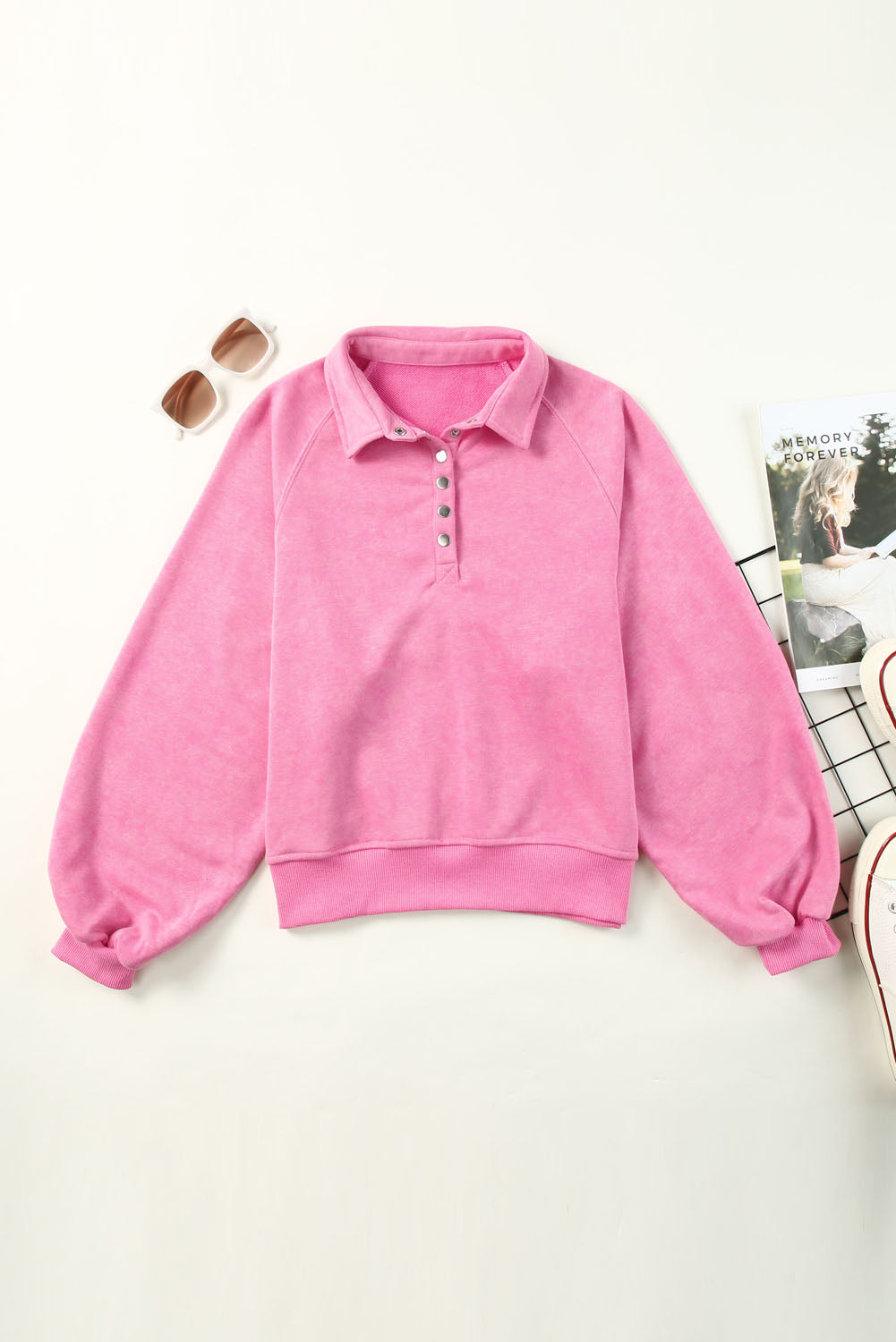 Pink Washed Snap Buttons Lantern Sleeve Pullover Sweatshirt