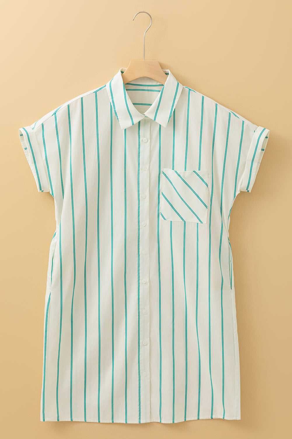 Mint Green Striped Wide Short Sleeve Shift Mini Shirt Dress