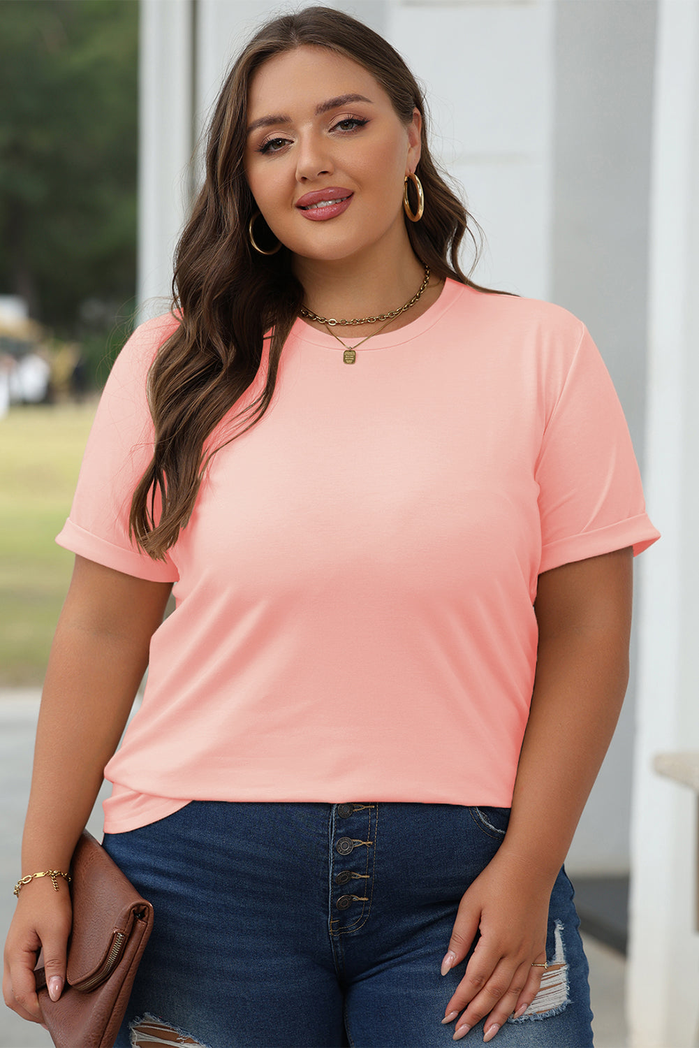 Pink Casual Plain Crew Neck Top