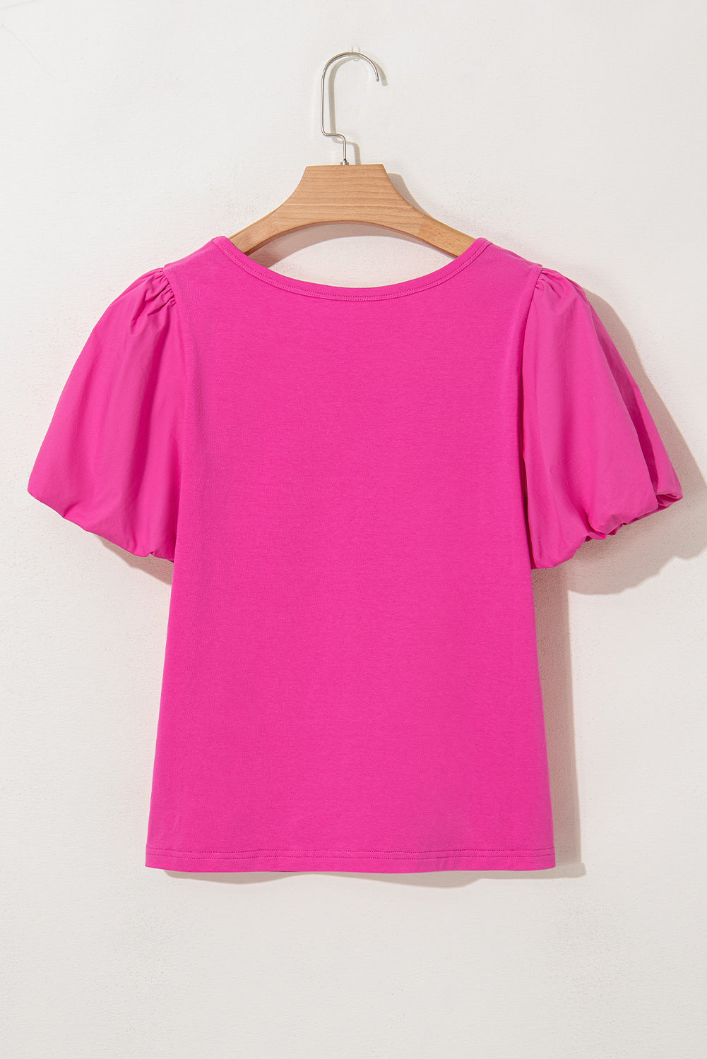 Strawberry Pink Casual Round Neck Bubble Sleeve Top