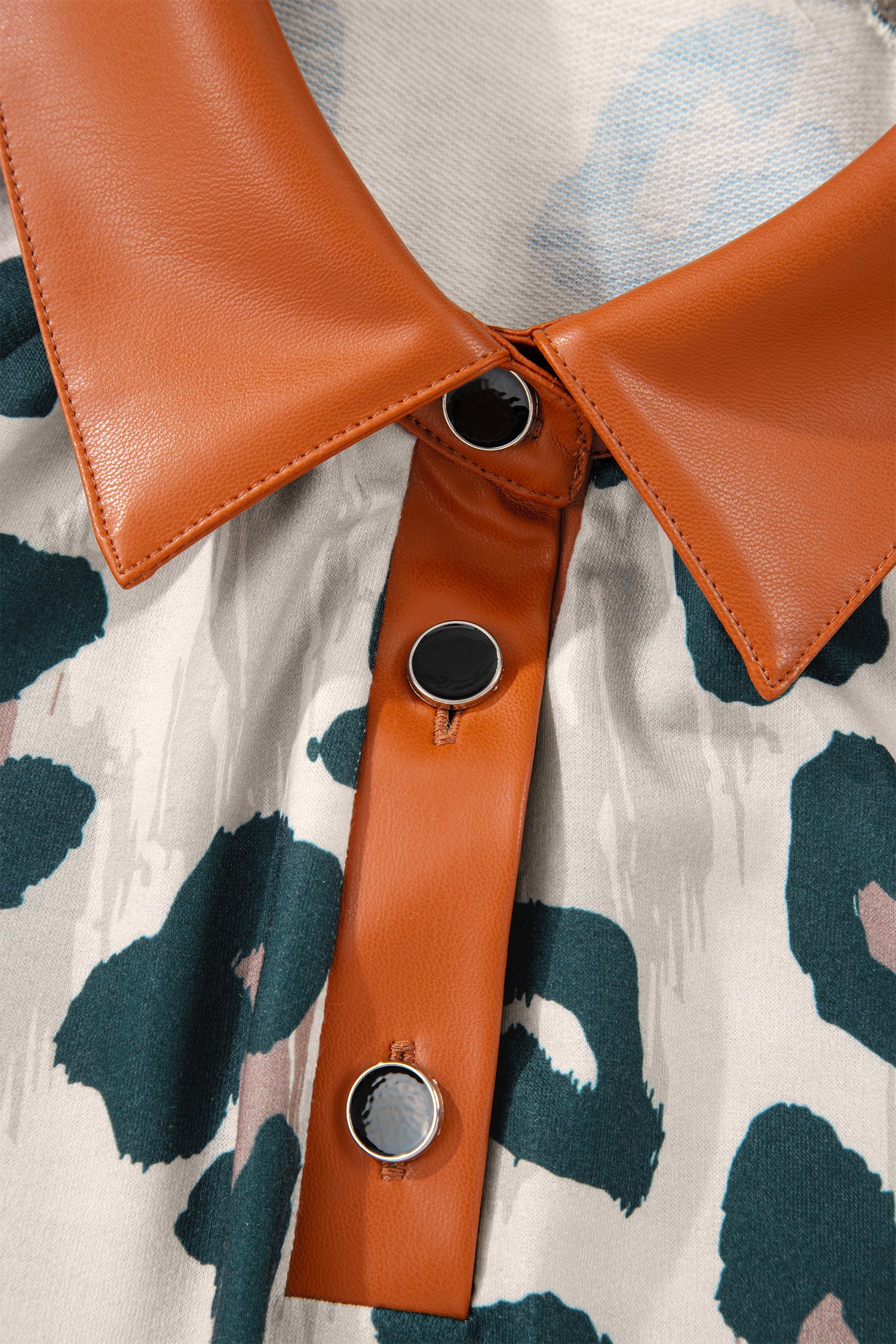 Lavendar Lane leopard print blouse with contrast collar, short sleeves, and button front, casual and unique women's top.
