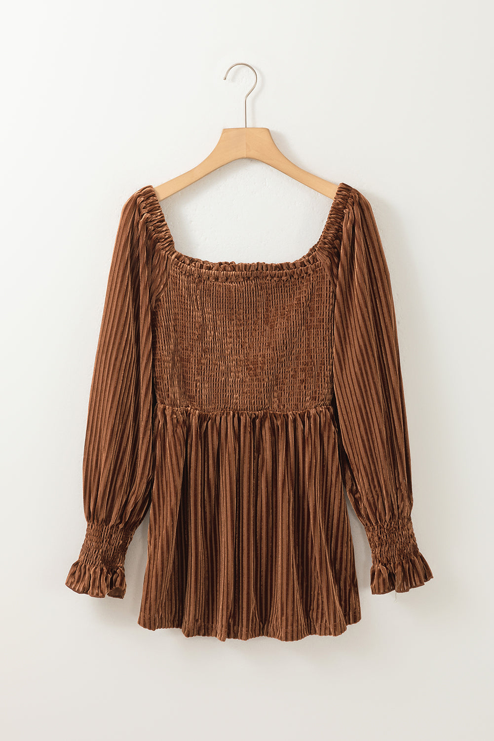 Chestnut Smocked Ribbed Velvet Babydoll Top