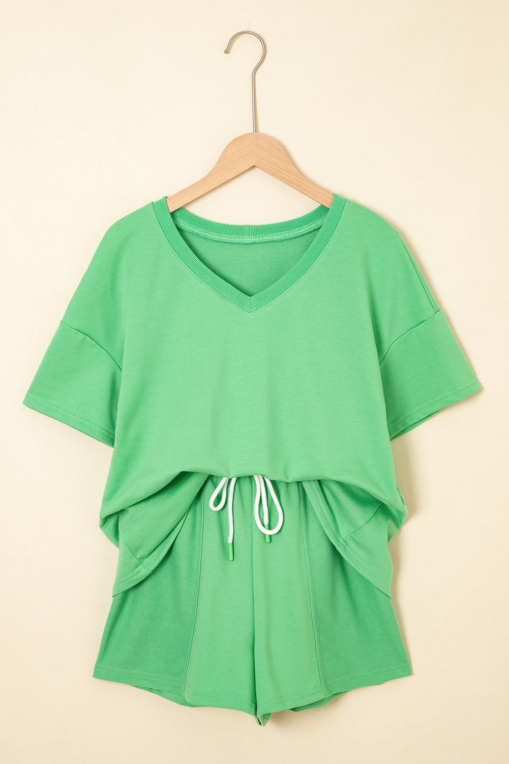 Mint Green V Neck Drop Shoulder Top and Patchwork Drawstring Shorts Set