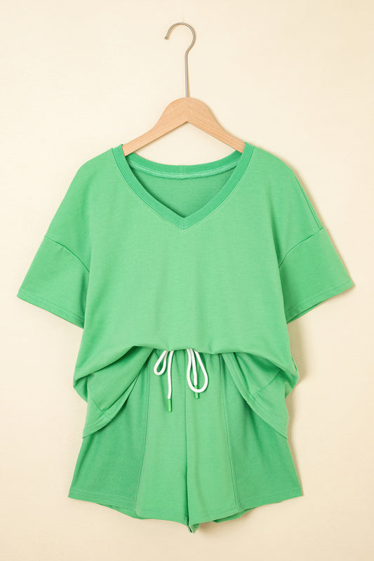 Mint Green V Neck Drop Shoulder Top and Patchwork Drawstring Shorts Set