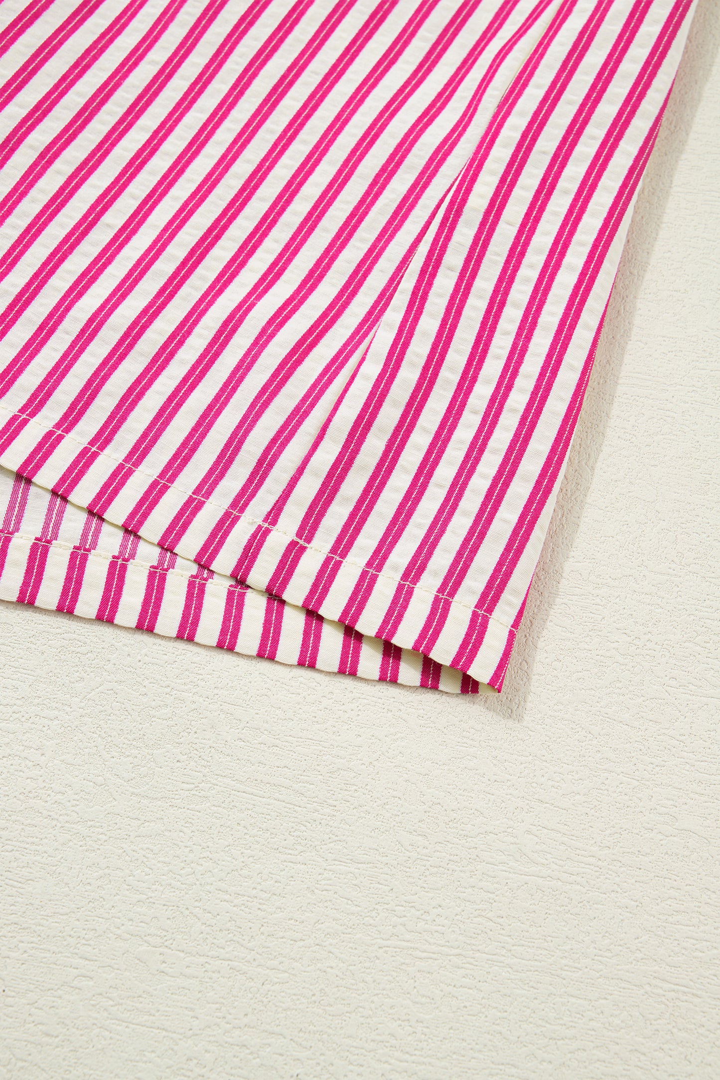 Lavendar Lane Clothing rose stripe short sleeve blouse with shirred yoke and ruffled details, lightweight and stylish for warm weather.