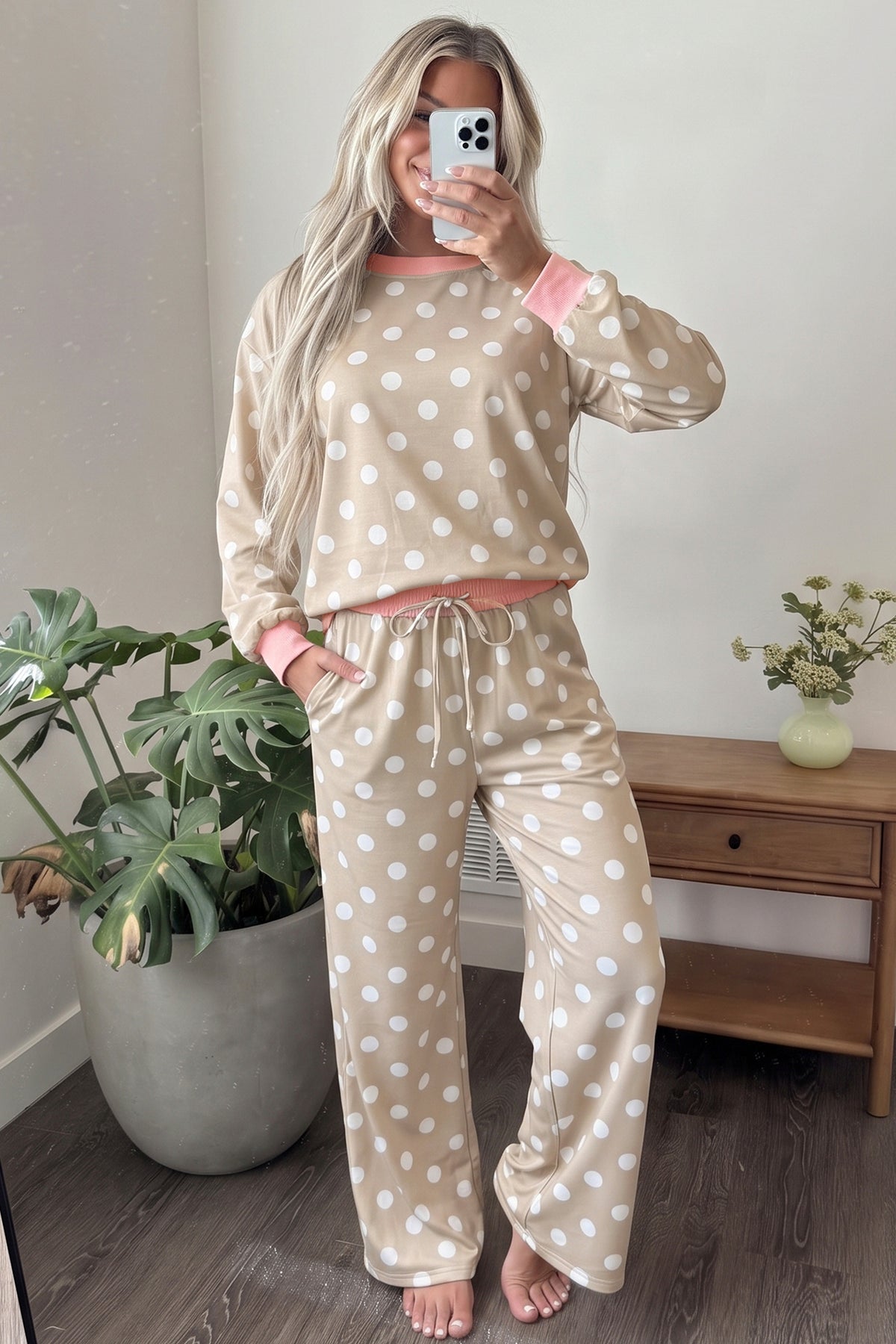Sky Blue Polka Dot Contrast Trim Long Sleeve Top Drawstring Shift Pants Set