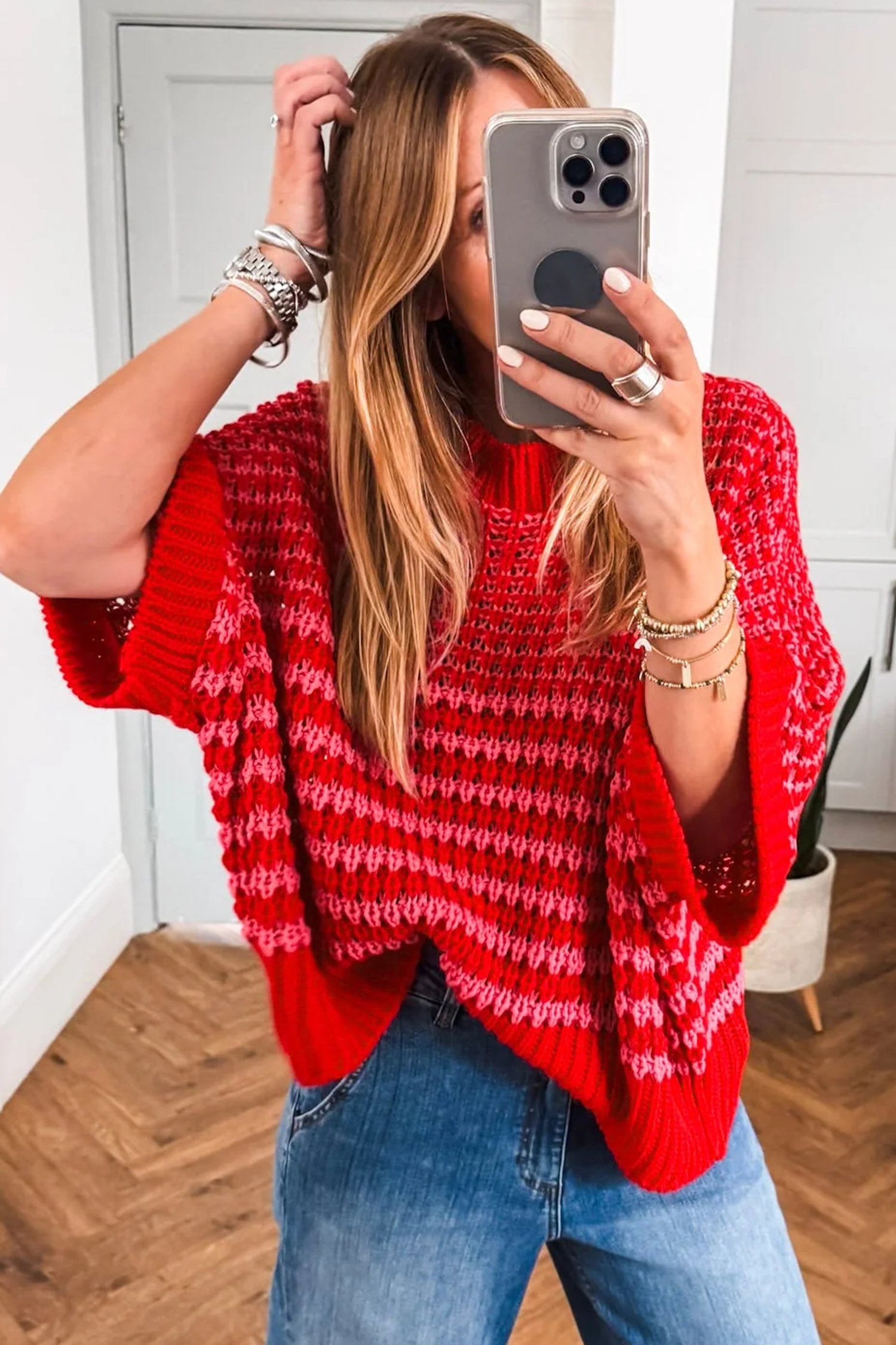 Lavendar Lane Clothing red stripe 3/4 draped sleeve slouchy sweater, stylish knit with relaxed fit and casual design.