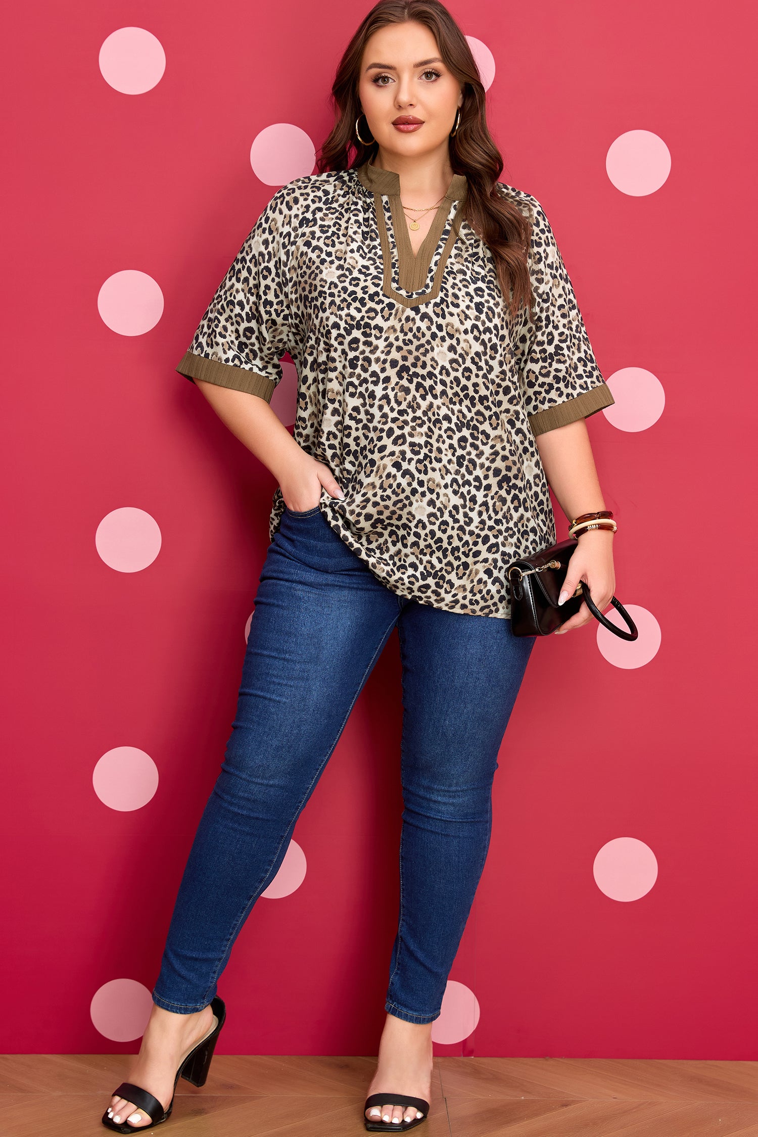 Plus size brown leopard print blouse with crinkled colorblock patchwork and V-neck, by Lavendar Lane Clothing.