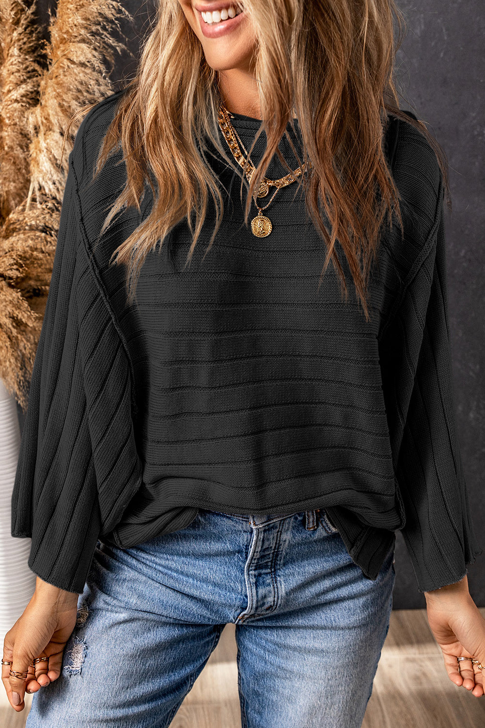 Black Exposed Seam Ribbed Knit Dolman Top