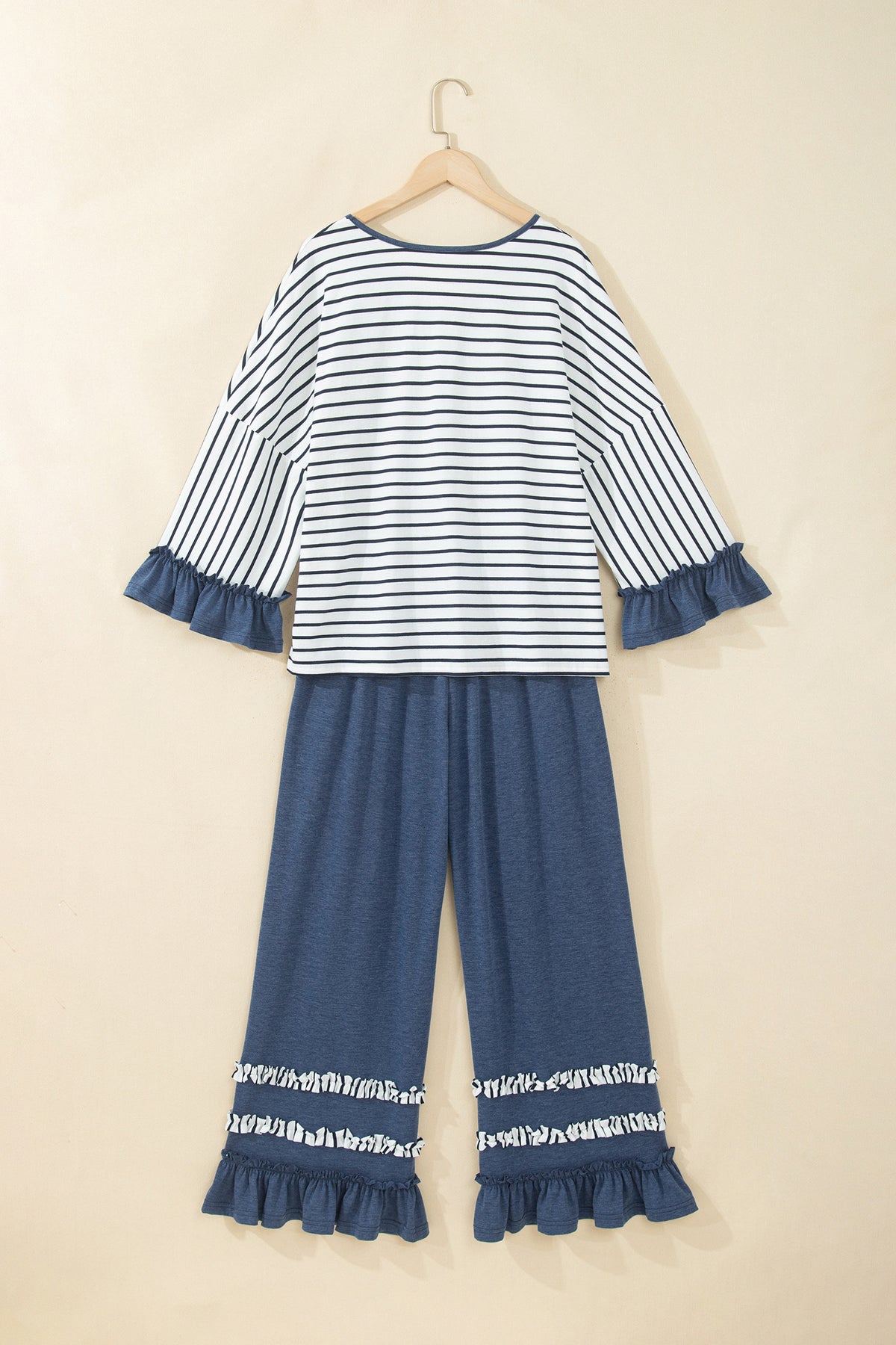 Khaki Stripe V Neck Ruffle Contrast Sleeve Top Drawstring Pants 2pcs Set