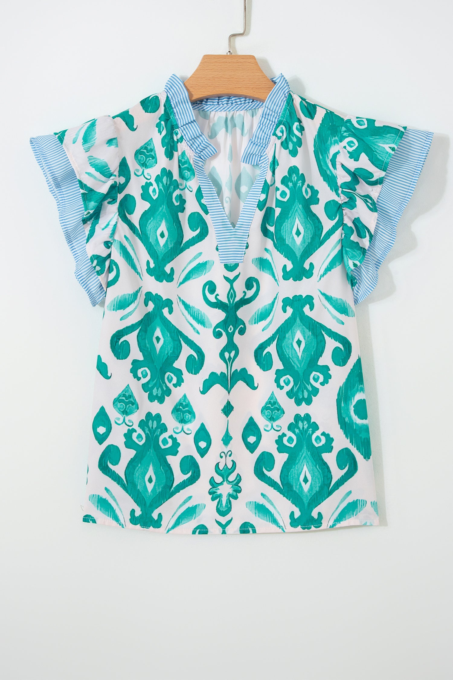 Sky blue ethnic print striped trim flutter sleeve top by Lavender Lane Clothing, featuring lightweight fabric and stylish design.