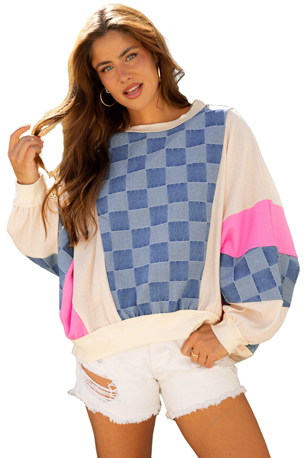 Sky Blue Oversized Checkered Denim Exposed Seam Patchwork Casual Top
