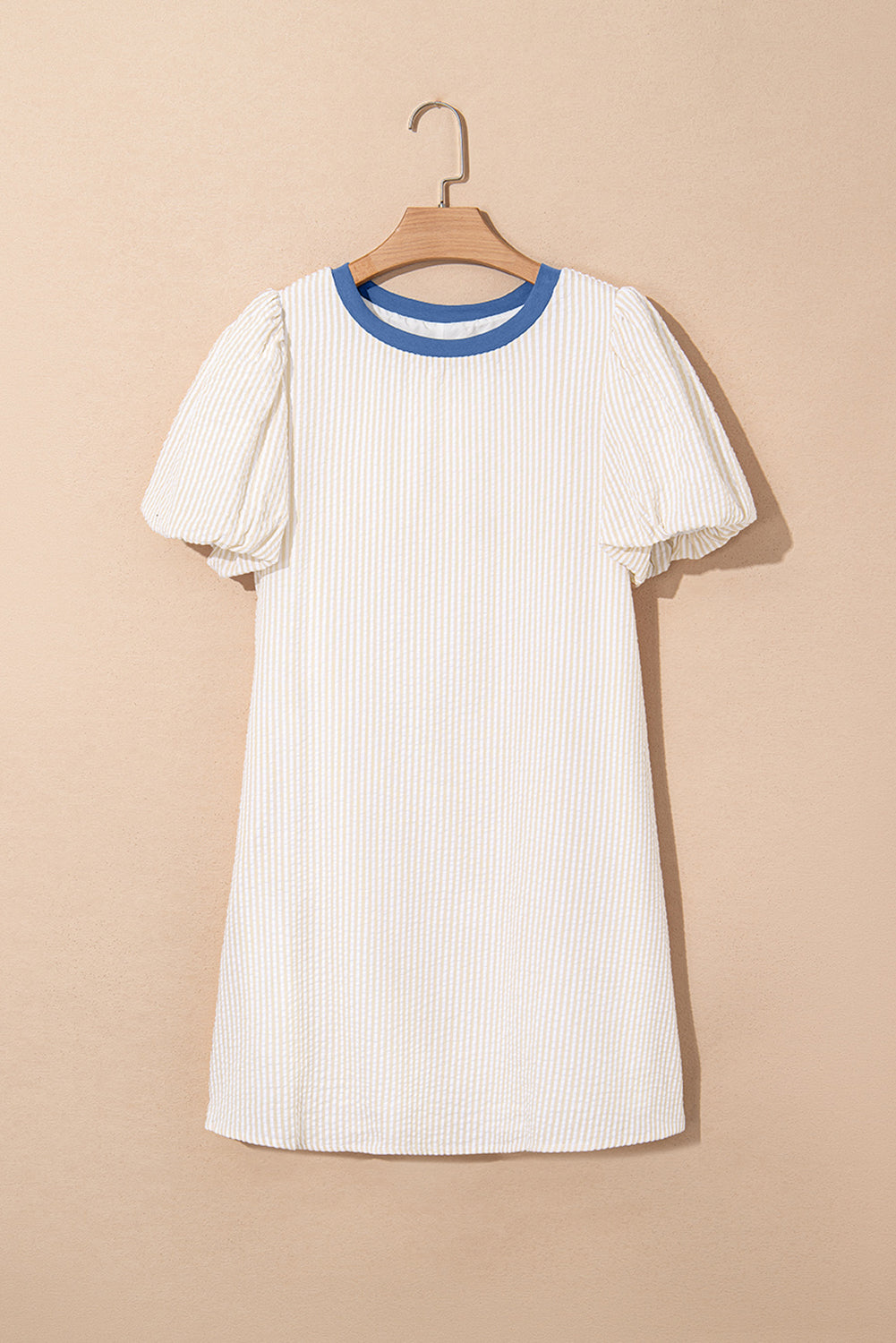 Beige Stripe Seersucker Contrast Round Neck Puff Sleeve Dress