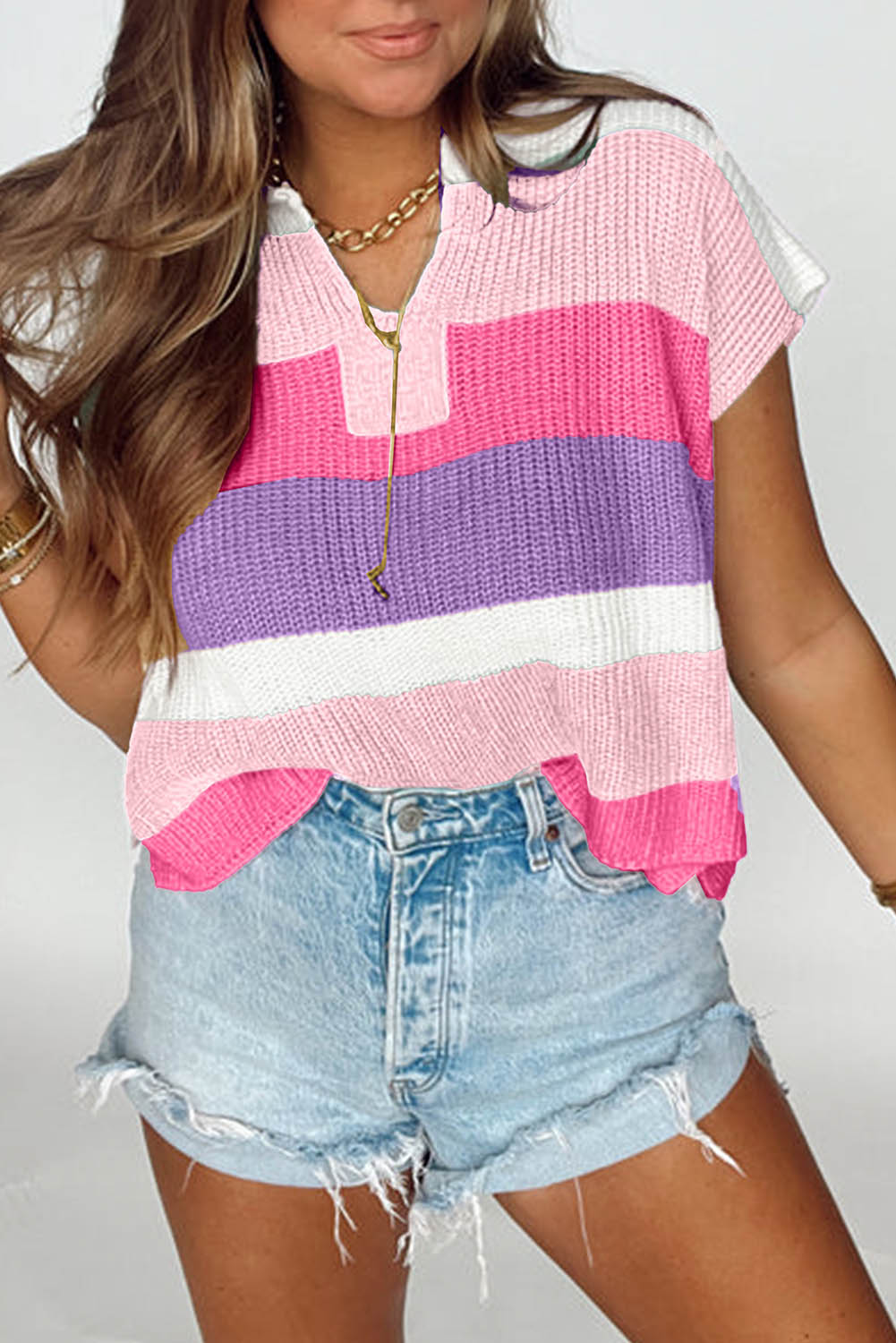 Pink Color Block Notch V Neck Sweater Top