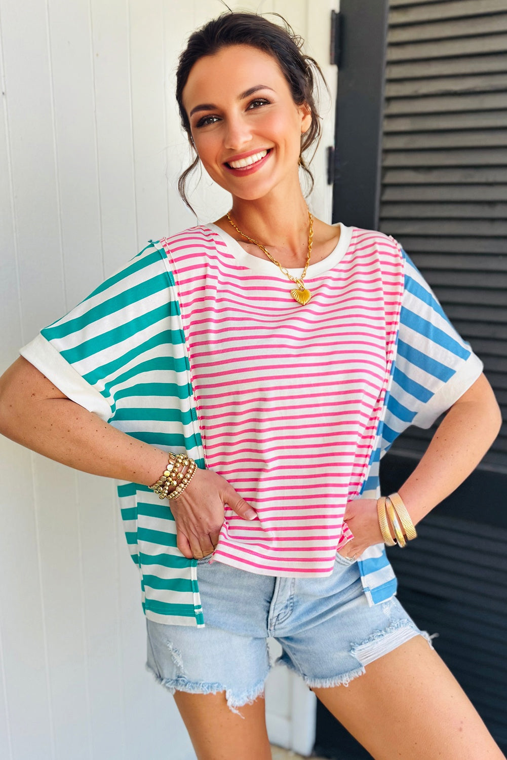 Pink Stripe Mixed Pattern Patchwork Uneven Hem Loose Top